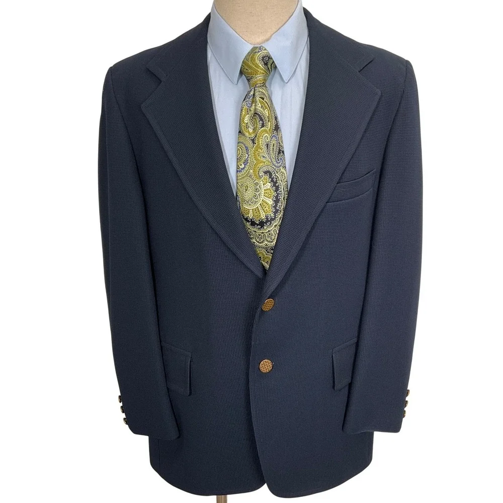JCPenney Blazer Mens 38R Blue Gold Button Woven Poly 70s Leisure Suit Jacket VTG